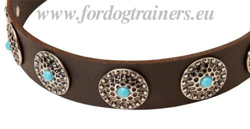 Studded Leather Dog Collars with Blue Stones