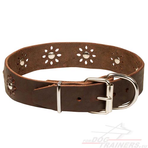 Handmade Dog Collar with Punched Flowers Brown