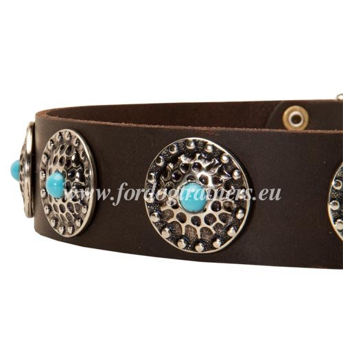 Handmade Leather Husky Collar with Circles and Stones