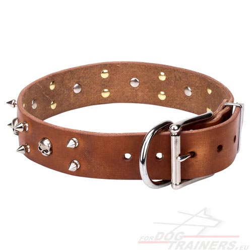 Wide Brown Leather Dog Collar Decorated