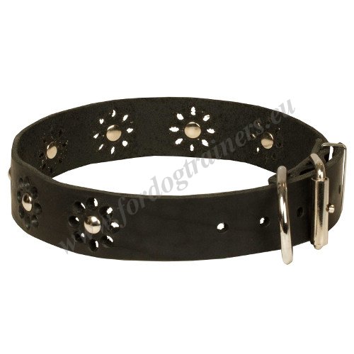 Leather Black Collar with Studs and Flowers