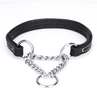 Half-check Dog Collar Leather and Steel Chain