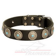 Leather Dog Collar with Embossed Plates with Blue Stones