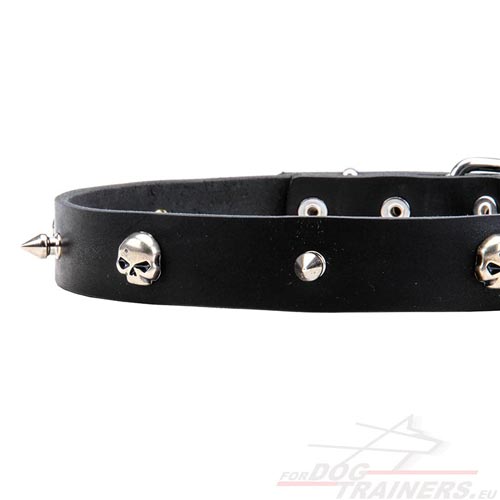 Dog Collar Leather with Nickel-plated Skulls
