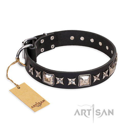 Plain Black Leather Dog Collar Studded