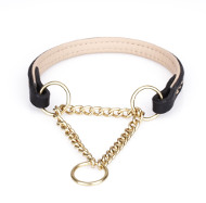 Collier chien semi trangleur en cuir chaine laiton