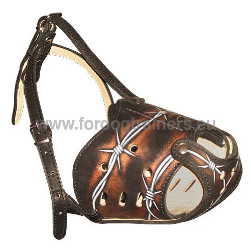 Solid leather dog muzzle with decorative painting