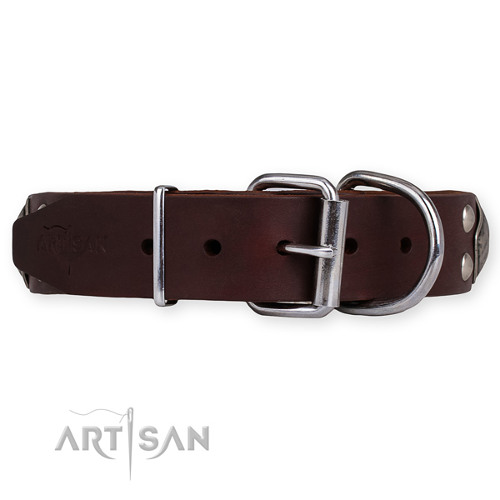 Large Brown Leather Dog Collar for Big Breeds