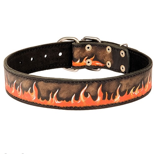 Flames Hand painted leather dog collar for Rottweiler