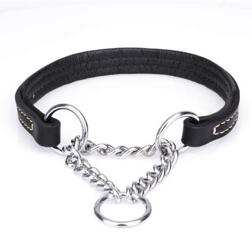 Half-check Dog Collar Leather and Steel Chain - Click Image to Close