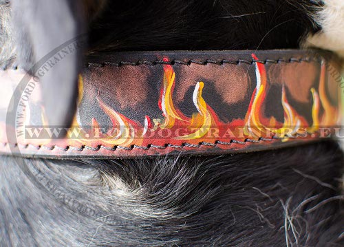 Flames Hand painted leather dog collar for Rottweiler - Click Image to Close