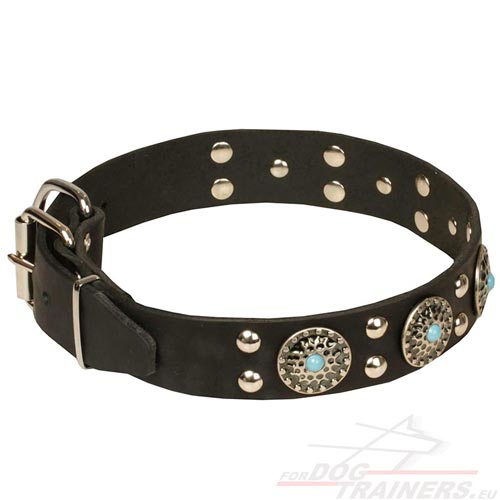 Leather Dog Collar with Turquoise Motif✺ - Click Image to Close