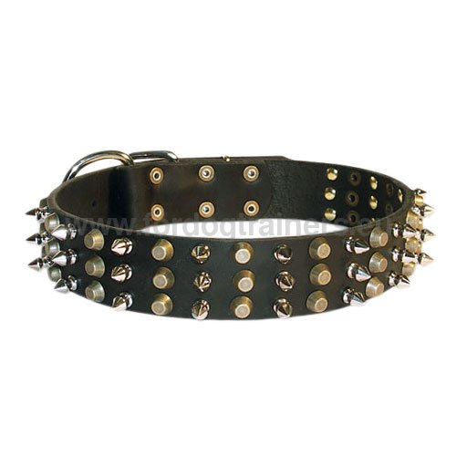 Dog Collar Leather with Spikes and Pyramids - Click Image to Close