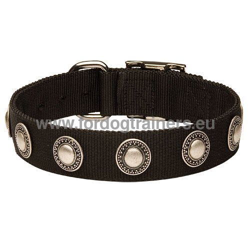 Designer Dog Collar of Nylon with Silver Circles ◉ - Click Image to Close