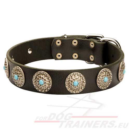 Leather Dog Collar with Embossed Plates with Blue Stones - Click Image to Close