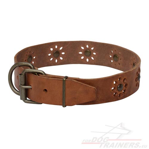 Leather Dog Collar with Flowers and Studs ⚪ - Click Image to Close