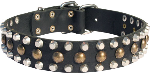 3 Rows Leather Dog Collar with Pyramids and Studs for Boxer - Click Image to Close