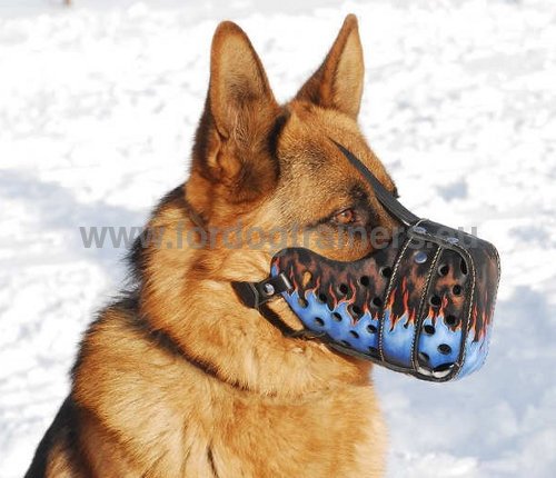 German Shepherd Hand Painted Leather Dog Muzzle Flame - Click Image to Close